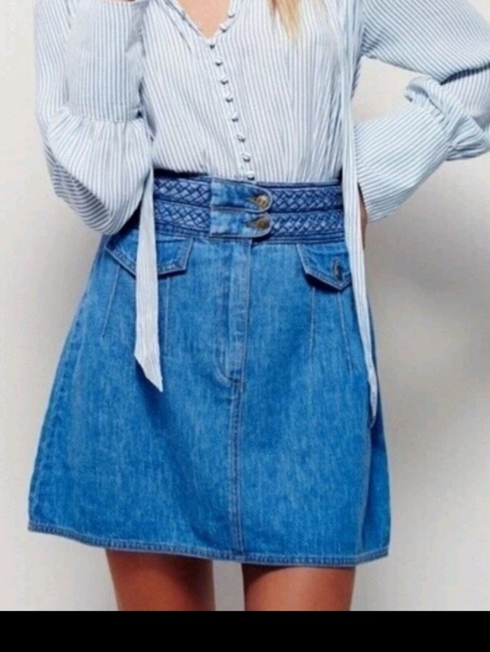 Free People• Denim MiniSkirt with Braided Waistband-light Blue Wash.Sz 0